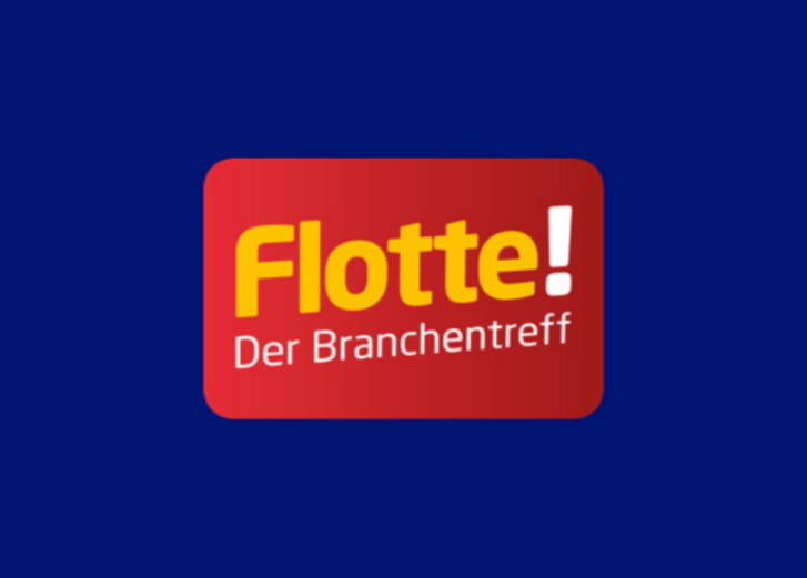 Rotes Rechteck mit dem Text Flotte Der Branchentreff auf dunkelblauem Hintergrund.