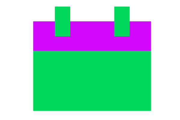 Eine einfache Grafik eines Kalenders mit magentafarbenem Oberteil und grünem Unterteil auf Weiß.