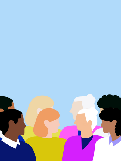 Illustration von Menschen unterschiedlicher Herkunft, die sich vor einem blauen Hintergrund versammelt haben.
