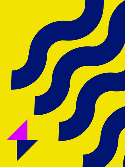 Abstrakter gelber Hintergrund mit blauen Wellenlinien und einem rosa- und marineblauen Dreieck.